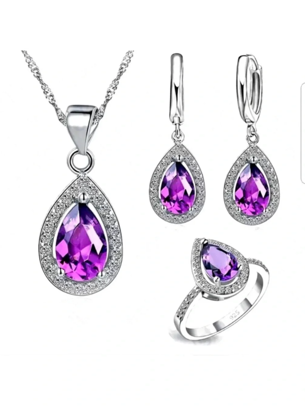 Swarovski Elements 925 Sterling Silver Amethyst Purple Teardrop Ring NEW